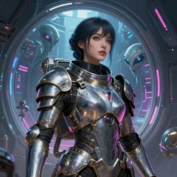 portrait armored astronaut girl catched an alien inside spaceship, ssci-fi, neon light and fantasy, intricate and very very beautiful and elegant, highly detailed, digital painting, artstation, concept art, smooth and sharp focus, illustration, art by tian zi and WLOP and alphonse mucha