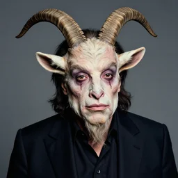 actor Danny Devito in Elaborate Pan Satyr Goat Man Makeup and prosthetics designed by Rick Baker, Hyperreal, Head Shots Photographed in the Style of Annie Leibovitz, Studio Lighting