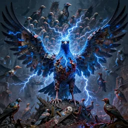 horrifying mutant bird made of electricity fused with thousands of birds, blue, arcs of energy, thousand heads, mutilated, horror, blood, heavy damage, post apocalyptic, dystopian surrealism, patchwork of colours, zdzisław beksinski, sad atmosphere, volumetric light, style giger, alex ries, symmetry accurate features, symmetry accurate features, very intricate details, high resolution, intricate