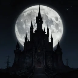 science fiction castle at night sillhouetted against a large alien moon on a strange world by simon stalenhag and frazetta, trending on artstation