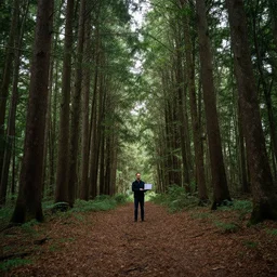 wide angle photo of a man holding a laptop alone in the middle of a forest