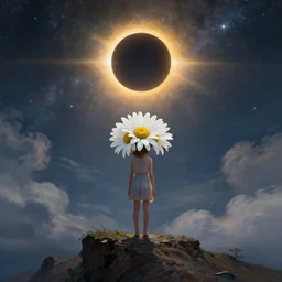 giant white daisy flower crown over the head, girl standing on cliff, surreal photography, solar eclipse, milky way, dramatic light, impressionist painting, clouds, digital painting, artstation, james gilleard, liam wong, jeremy mann, simon stalenhag