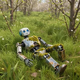 a 4 k beautiful scene in early spring showing lively sprigs. an abandoned robot overgrown with grass and moss lies on the grass. dslr detailed digital art by ivan shishkin and anton fadeev 4 k hd realism rendered in unreal engine