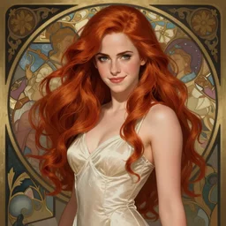 rogue anime emma watson, hourglass slim figure, redhair and attractive features, dungeons and dragons portrait, seductive smile, highly detailed, digital painting, artstation, concept art, sharp focus, illustration, art by artgerm and greg rutkowski and alphonse mucha