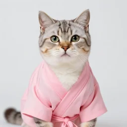 high quality photograph of a cat wearing a beautiful pink robe