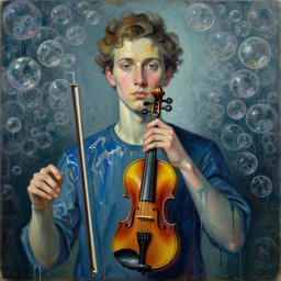 portrait of a young violinist focusing, violin hanging in air, painted by vincent lefevre and hernan bas and pat steir and hilma af klint, psychological, symmetrical face, dripping paint, washy brush, background with hundreds of bubbles of memories by andreas gursky, rendered in octane, altermodern, masterpiece