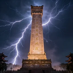 full body pose, hyperrealistic photograph of an ancient chinese monument about 1 0 0 meters tall manipulating thunder, dim volumetric lighting, 8 k, octane beautifully detailed render, extremely hyper detailed, intricate, epic composition, cinematic lighting, masterpiece, trending on artstation, very very detailed, stunning, hdr, smooth, sharp focus, high resolution, award, winning photo, dslr, 5 0 mm