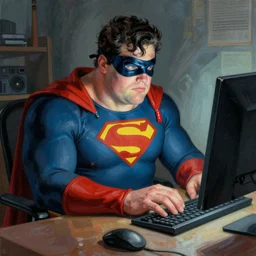 a insanely detailed painting of a fat masked superhero wearing a costume sitting at a desk, staring at the nervously at the computer typing, in the style of peter mohrbacher, dramatic lighting and composition, trending on artstation, concept art, comic book