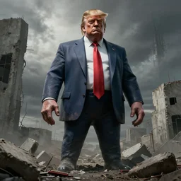giant full body donald trump monster in post - apocalyptic concrete wasteland, creepy, hyper - realistic, detailed