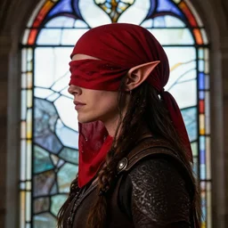 side - view portrait of iorveth, scoia'tael leader, red cap, red bandana covering one eye, covered eye, pointy elf ear, gothic stained glass window, very masterful