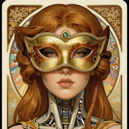 A close-up portrait of a beautiful female cyborg wearing an intricate venetian mask by Alphonse Mucha, exposed inner structure, glowing eyes, art nouveau card, wlop, trending on artstation