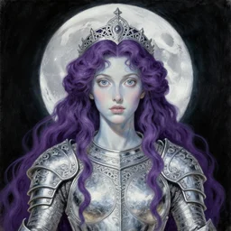 painting of prophetess of the moon, silver filigree armor and tiara, moon above head, purple wavy hair, translucent skin, wide striking eyes, beautiful! coherent! by brom, by junji ito, by brian froud, strong line, high contrast, muted color, preraphaelite style