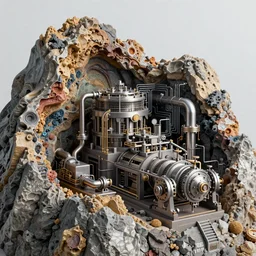 ultra realistic macro photography of the giant magical machine embedded within the mountain, colourful sedimentary and igneous rock and marble, rock textures industrial machinery, factory machines, pistons, pipes and valves,  super conducters, circuitry. 8k 3D geology