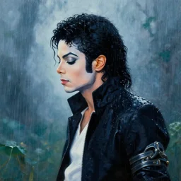 8 0 s art deco michael jackson as aeon flux profile picture, rain like a dream, oil painting, cinematic, symmetrical, surreal, overgrown, dramatic, dreamlike, bold, cyberpunk, basquiat + zdzisław beksinski + james jean + moebius + francis bacon + gustav klimt, textural, pink, blue, purple, green, fluid lines, smooth render, organic volumetric lights, greenery, comfortable, octane render, psychedelic, otherworldly, weird, vaporwave, interesting details, fantasy lut, epic composition, 8 k,
