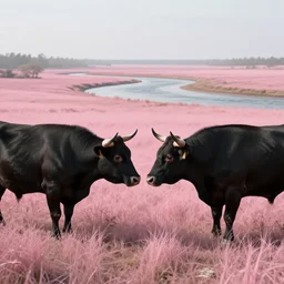concept art by Neil Blevins, James Paick, Natasha Tan Maciej Kuciara, highly detailed, ultra realistic  two black bull stay face to face on pink a clearing with pink grass and a river long-range plan cinematic lighting