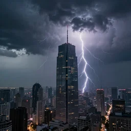 enormous creature towering over a city during a thunderstorm, hyper realistic