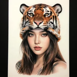 a beautiful girl wearing a hat that looks like a tiger head, tattoo design, hyper realistic, hyper detailed, by eliot kohek