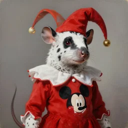 masterpiece painting by WLOP and Ross Tran of a spotted male humanoid black and white wererat wearing red jester clothes, mickey mouse, highly detailed, sharp, color graded, featured in Artstation, inspired by Greg Rutkowski, cgsociery