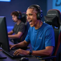 Obama wearing headphones shouting on his gaming chair, 4k