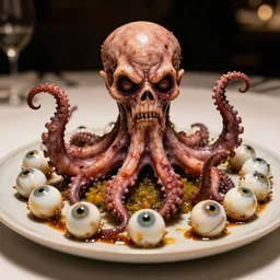 disgusting roast lovecraftian creature with tentacles on a platter, garnished with human eyeballs, michelin star restaurant, hdr studio lighting, award winning food photography, highly detailed