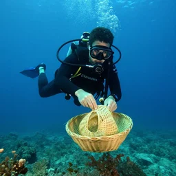 underwater photo of scuba diver weaving a basket underwater, 8 k, 1 2 0 mm f 5. 6