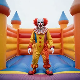photo of a scary clown in an endless liminal space made of bouncy castle