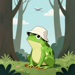 frog with bucket hat squatting in the forest. plane in the sky far away. artwork by moebius, georges de la tour