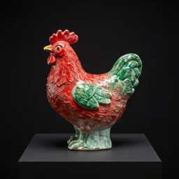 red and green 🐓, a surreal contemporary ceramic sculpture on a plinth, by victo ngai, by hikari shimoda, by tracie grimwood, plain black background