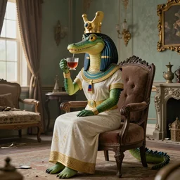 anthropomorphic crocodile goddess in traditional Egyptian garb drinking tea in an abandoned Victorian parlor