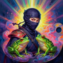[ style ] [ oil painting ] [ palate ] [ vibrant gothic colors ] 👾 👽 ninja 🥷 with frog 🐸 features, vibrant neon nebulous clouds, radiant light rays, photorealistic painting, intricate and fine details, volumetric lighting, artstation,