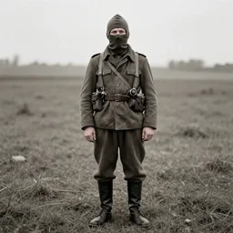a man distance wearing hooded mask covering his entire face, ww1 film photo, full body portrait at distance, grainy, high detail, high resolution