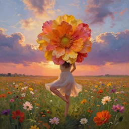 head made of giant flowers, girl dancing barefoot in a vast flower field, arms behind back, surreal photography, sunrise dramatic light, impressionist painting, colorful clouds, large sky, digital painting, artstation, simon stalenhag, flower face