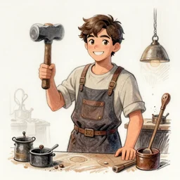sin city style drawing of youthful charlie day as a blacksmith, holding hammer