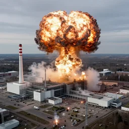 overhead shot of zaporizhzhia nuclear power plant disaster, mushroom cloud explosion, russian army shooting at nuclear plant