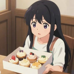 anime girl with a box of cup cakes