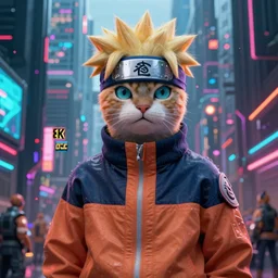 badass naruto cat in cyberpunk metropolis + cyberpunk + 8 k, 4 k, octane render, artstation, hyperdetailed, volumetric lighting