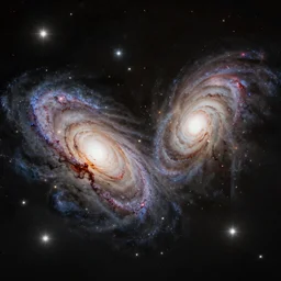 The painting shows two galaxies in the process of colliding. One galaxy is much larger than the other, and both are surrounded by a halo of gas and dust. The galaxies are very bright, and there are many new stars forming. The painting is very realistic, showing the details of the galaxies and the stars. The background is dark, and the stars are shining brightly. The photo is ultra wide, 8k