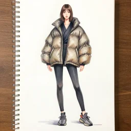 ! dream a fashion sketch of a girl wearing a puffy japanese kimono inspired anorak and tight leggings yeezy 5 0 0 sneakers