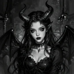 bored looking succubus, portrait of a lady demon all dressed in black, beautiful face and eyes, horns on her head, highly detailed, white accents, cel shaded, cinematic shot, trending on artstation, high quality, detailed and chaotic background, brush strokes all over, by tom bagshaw and jama jurabaev
