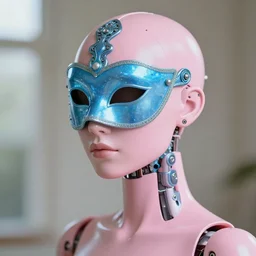 natural light, soft focus portrait of an android with soft synthetic pink skin, blue bioluminescent plastics, smooth shiny metal, elaborate ornate head piece, piercings, venetian mask, skin textures, by annie liebovotz,