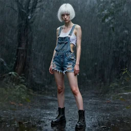 full body pose, portrait, mixed media painting of a grungy woman with buzzed white hair, soft eyes and narrow chin, dainty figure, torn overalls, short shorts, combat boots, side boob, wet tshirt, wet, raining portrait, extremely hyper - detailed, intricate, epic composition, very detailed, masterpiece, stunning,