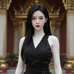 complex 3 d render, ultra detailed, realistic photo of a beautiful porcelain skin woman ninja, oval shape face, black long hair, wearing black dress, detailed almond eyes shape, red lipstick, plump lips, beautiful, studio photo, proportional, the grand sala thai on the background
