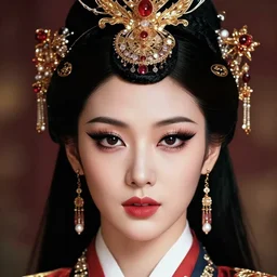 mighty female korean vampiress, jeweled headdress, heavy mascara, strong line, saturated color, beautiful! coherent! by frank frazetta, high contrast, minimalism