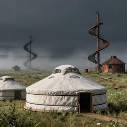 night, yurt, in the steppe, summer field, misty background, rusty building constructions of spiral upside - down stairs on background, from the game pathologic 2, highly detailed, sharp focus, matte painting, by isaac levitan and asher brown durand,