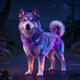 render of dog at night, cosmic dog, galaxy coloured dog, rendered in unreal engine, artstation, colourful