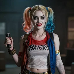 real-life Harley Quinn, cinematic, Wide-shot, atmospheric lighting, directed by Ti West, extreme detail, 8K, movie still