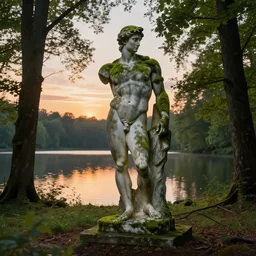a mossy greek marble statue of a very muscular man abandoned in the middle of a forest near a lake at sunset, concept art, godrays, complementary colors, calm, relaxing, beautiful landscape, highly detailed, high quality, 4k HDR, path tracing, serene landscape, high coherence, soft lighting