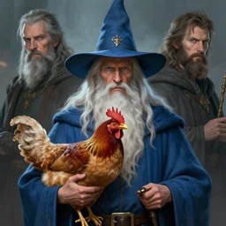 concept art portrait of wizard with a long white beard and a wizard hat holding a pet chicken, wearing a blue robe, dungeons and dragons, by Larry Elmore and John Howe and Alan Lee, trending on ArtStation, detailed, cinematic