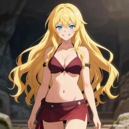 a very beautiful young anime jedi girl, full body, long wavy blond hair, sky blue eyes, full round face, evil grin, bikini, miniskirt, front view, mid - shot, highly detailed, cinematic wallpaper by stanley artgerm lau