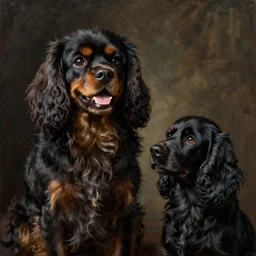 painting of a dark fur, happy, smiling, black cavalier king charles spaniel cross with completely black cockerspaniel with black fur thinking about being a good boy. art by vermeer